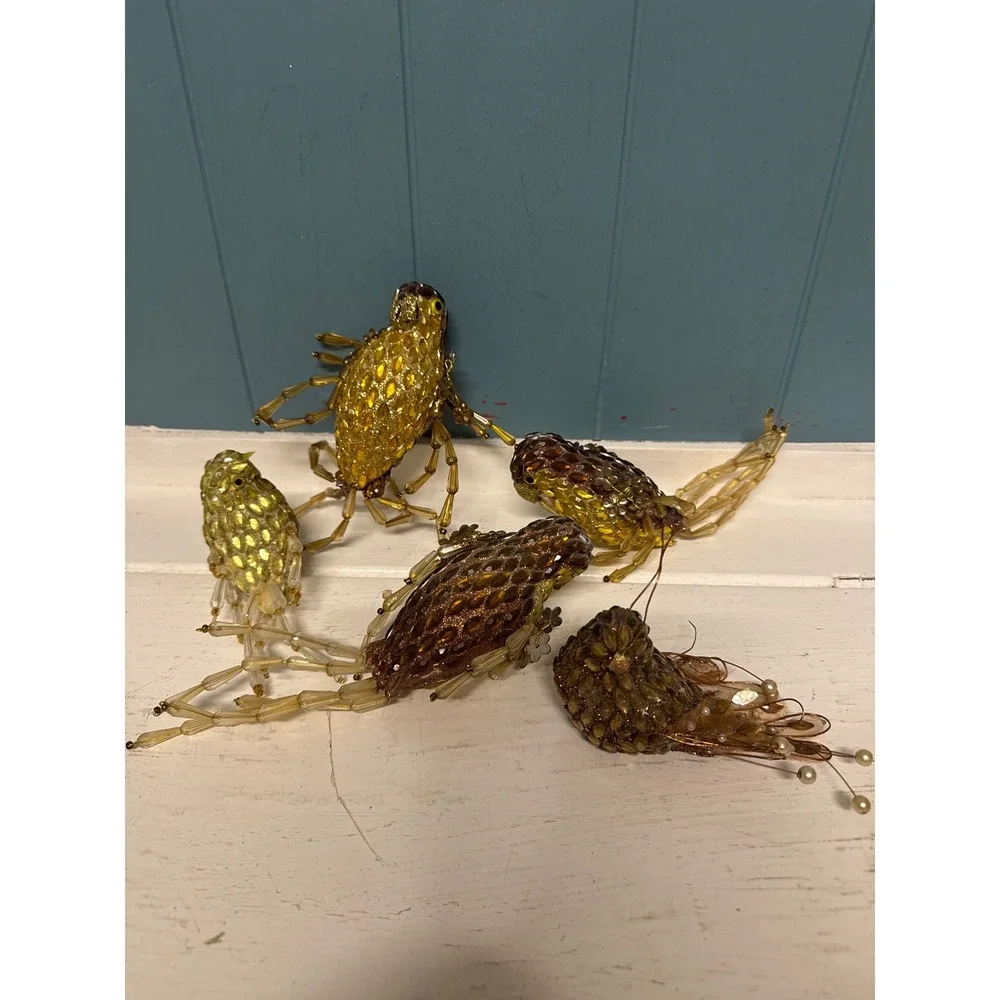 Set of 5 golden brown birds Ornaments Figurines‎ sitting parakeets